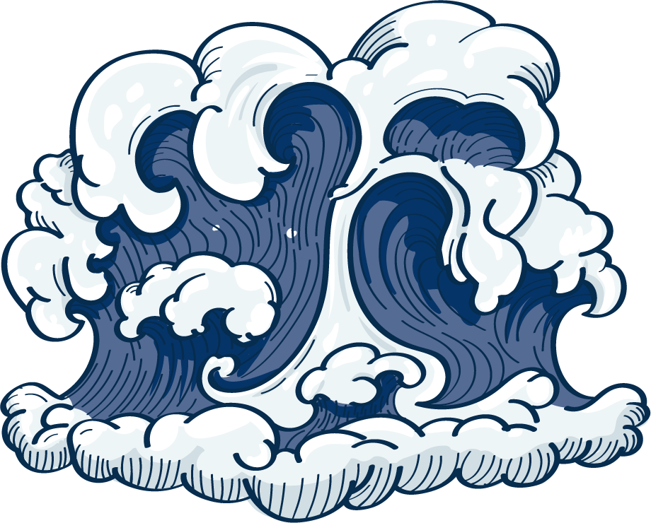 dark blue japanese wave doodle featuring dynamic swirling clouds and ocean designs