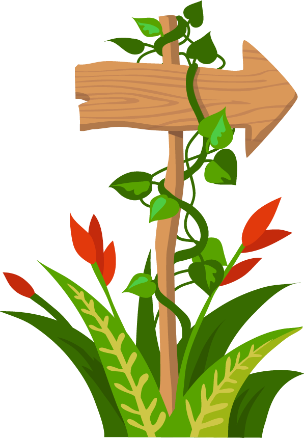 jungle wooden boards direction arrow with vibrant foliage for adventure settings