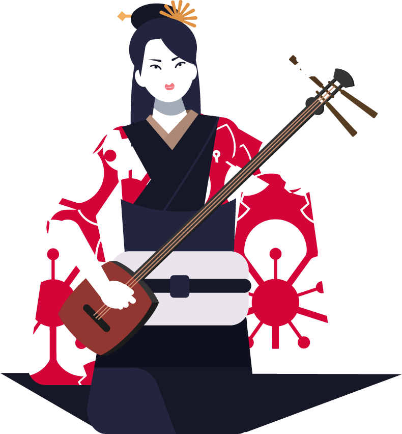 kimono girl icons colored classical art with traditional attire and instrument for cultural projects