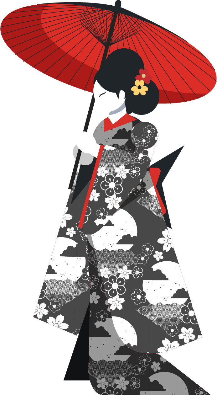 kimono girl icons colored classical style with traditional parasol illustration for various applications