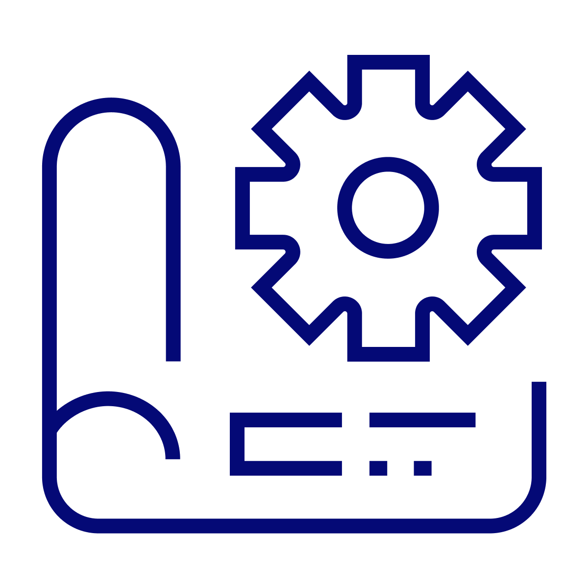 outline icon of mechanical gear and document for file settings and configuration