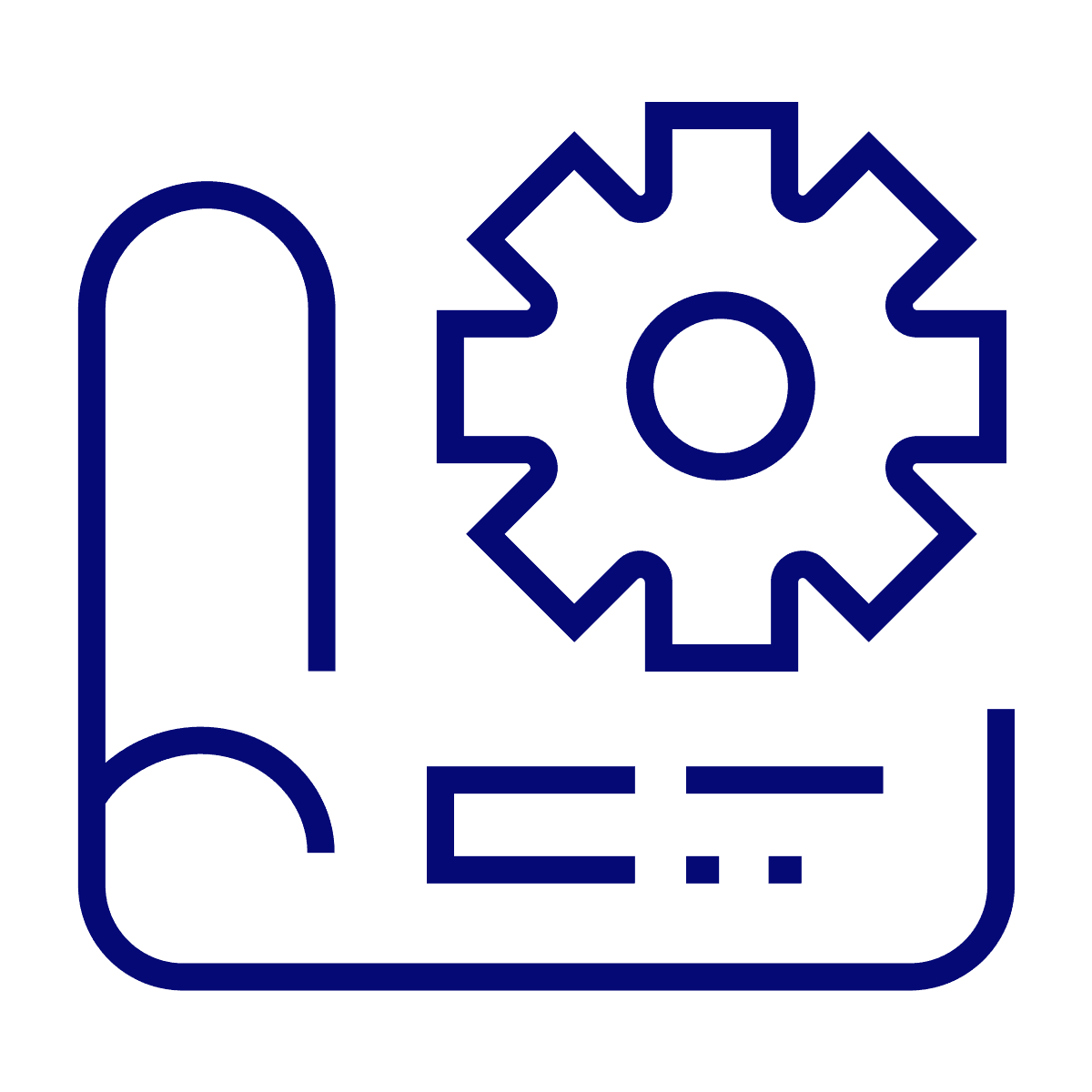 outline icon of mechanical gear and document for file settings and configuration