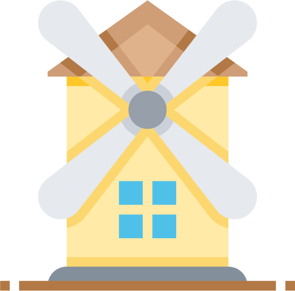 landmark flat color icons of a windmill representing eco-friendly energy solutions