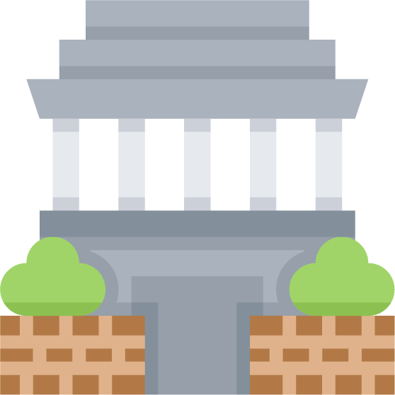 landmark flat color icons of historical buildings with greenery and pathways for modern applications