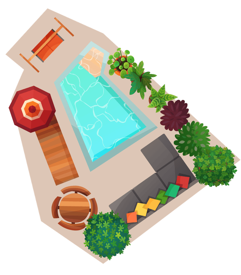 landscape compositions top view of a vibrant poolside area with seating and greenery