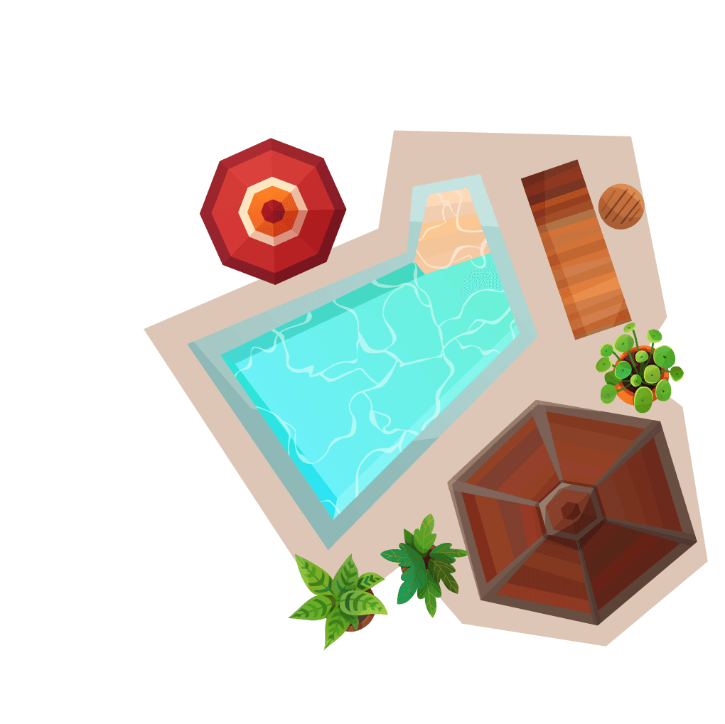 landscape compositions top view of a poolside oasis with lush greenery and lounging area