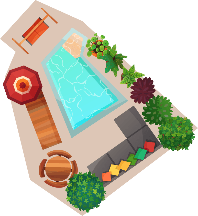 landscape compositions top view set of a modern swimming pool and patio area