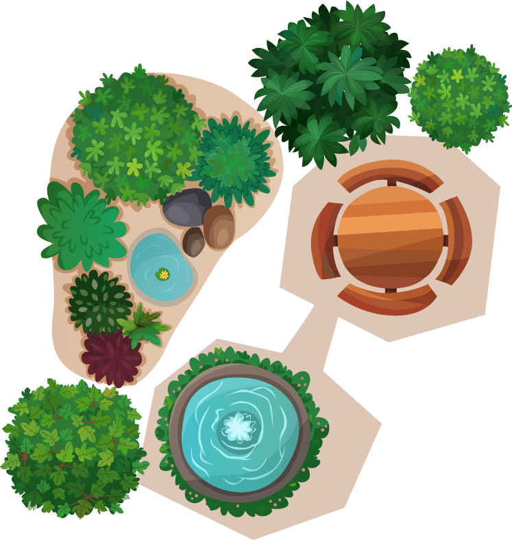 landscape compositions top view set of garden layouts with seating and water features