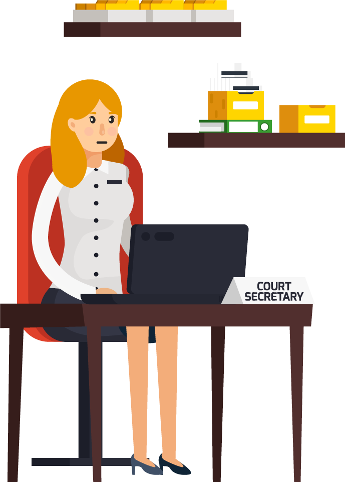 law justice orthogonal elements featuring a court secretary at a workstation with files