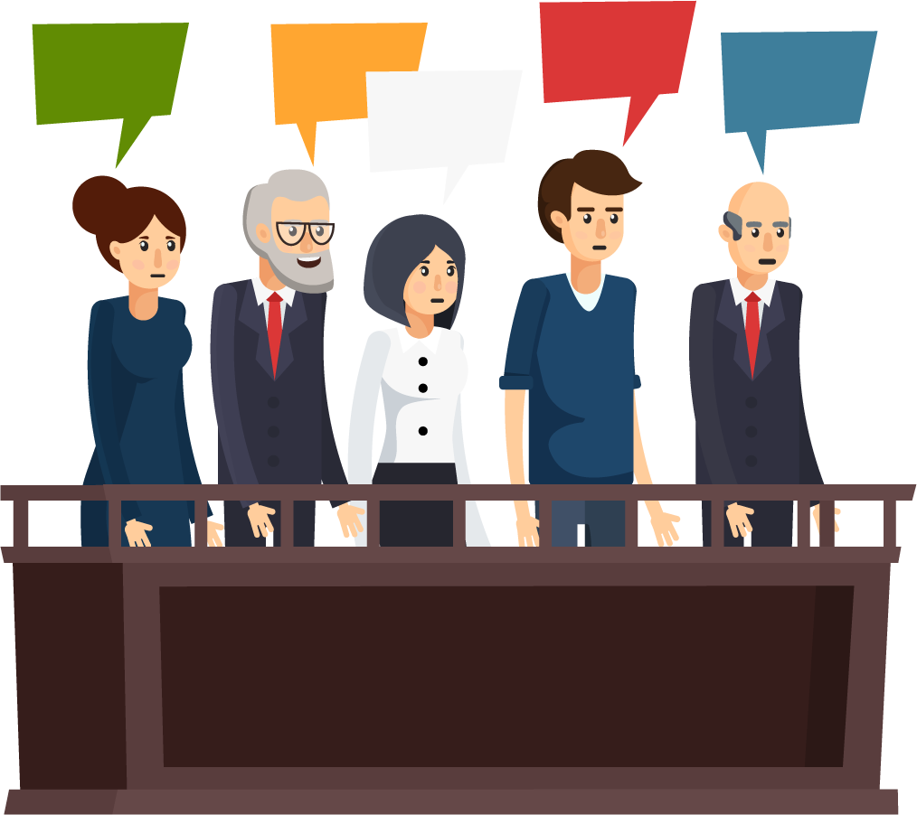 law justice orthogonal elements featuring diverse characters in a courtroom setting with speech bubbles