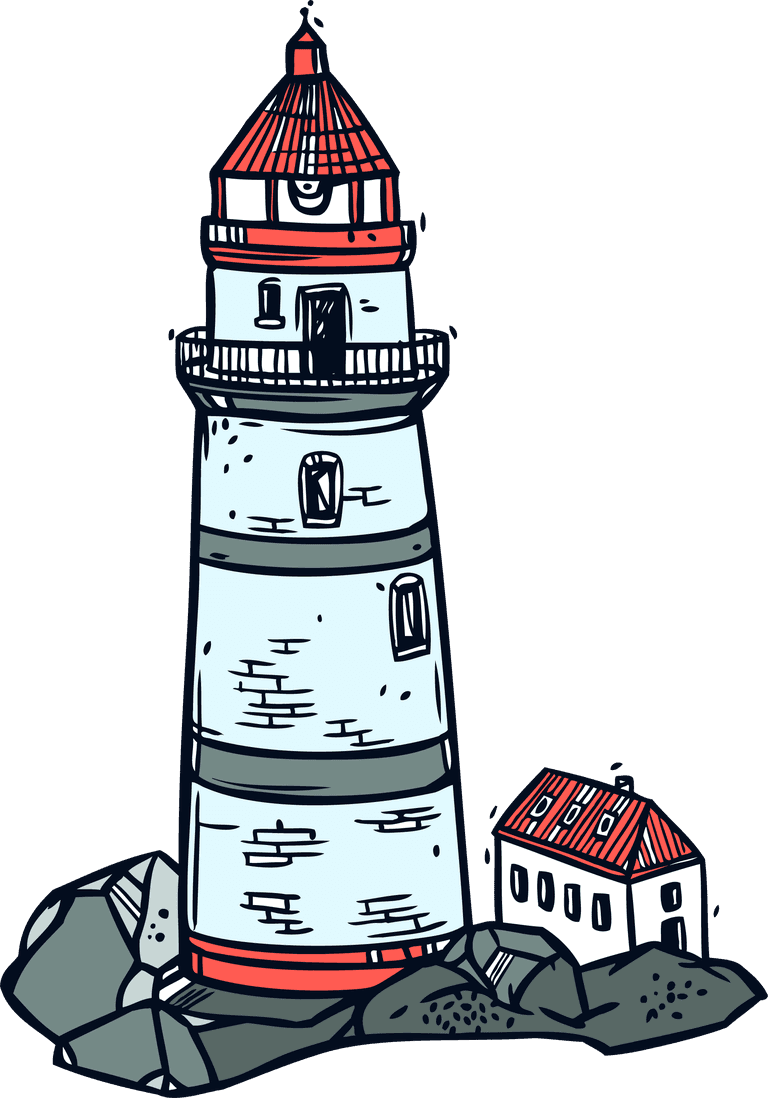 lighthouse marine sketch set featuring a charming coastal lighthouse and cottage illustration