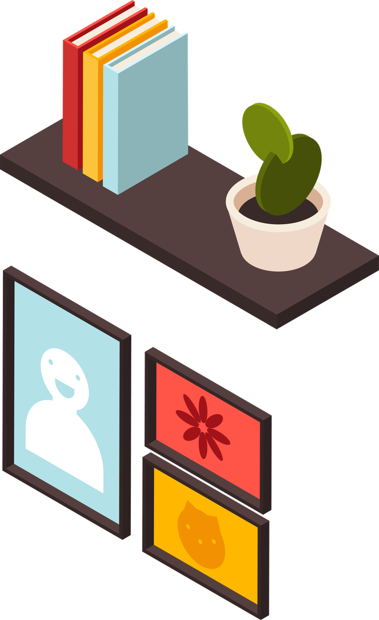 stylish living room furniture icons featuring decorative shelves and indoor plants