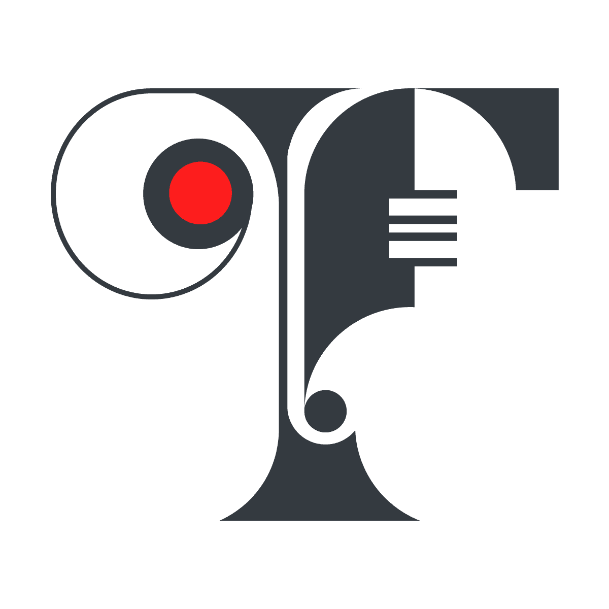 abstract geometric letter t logo grey and red dot for modern creative agency branding