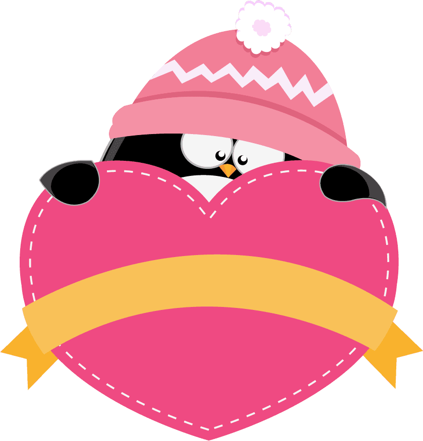 adorable penguin holding a love pink elements vector with a cozy winter theme