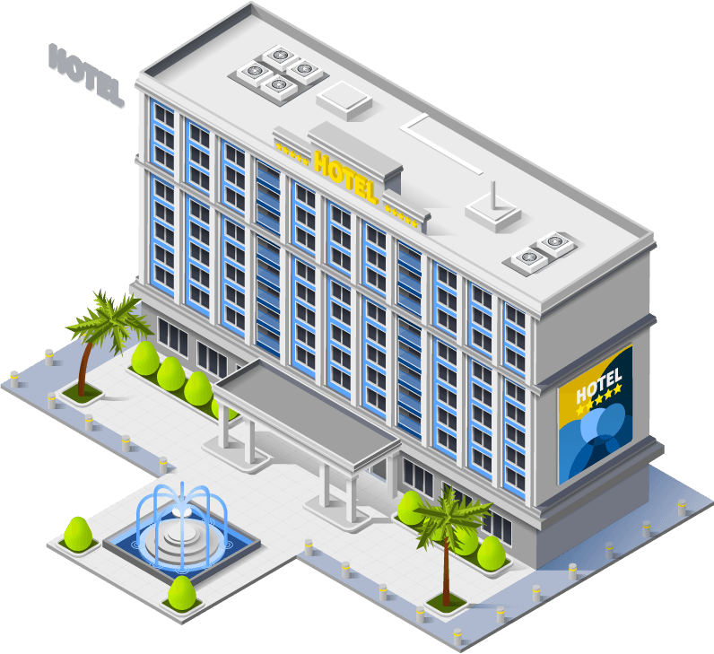 luxury hotel buildings isometric icons showcasing modern architecture and urban landscaping elements