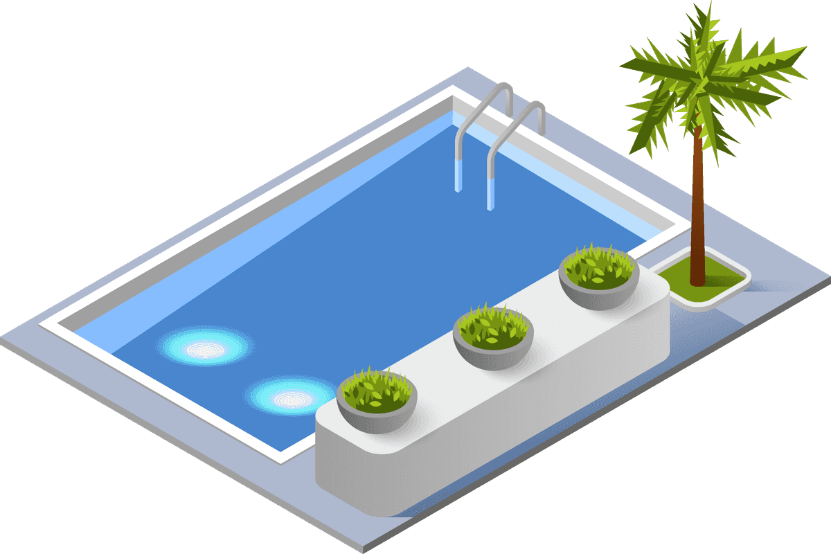 luxury hotel buildings isometric icons featuring modern poolside architecture and lush greenery