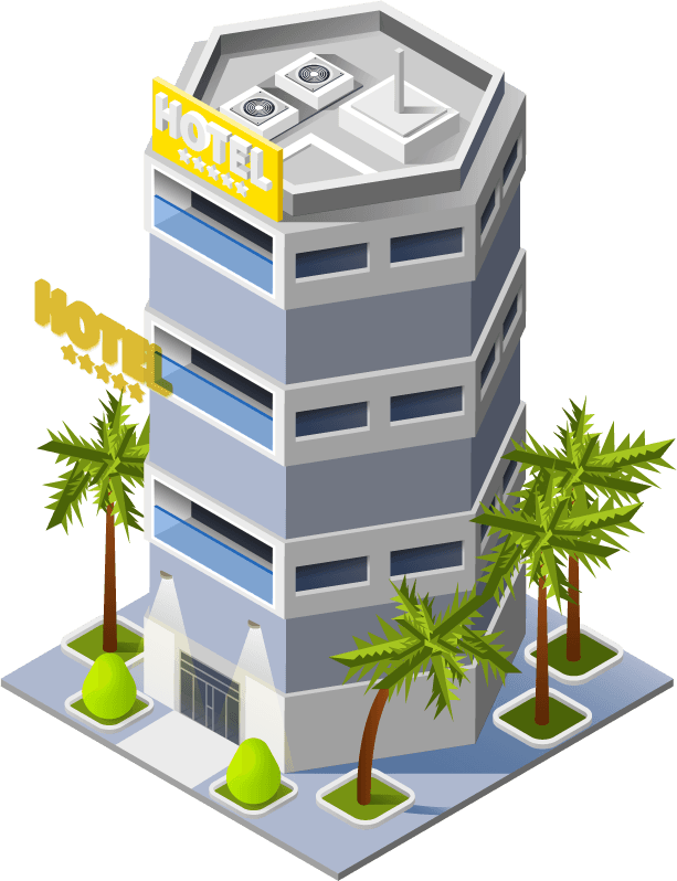 luxury hotel buildings isometric icons showcasing modern architecture and tropical surroundings