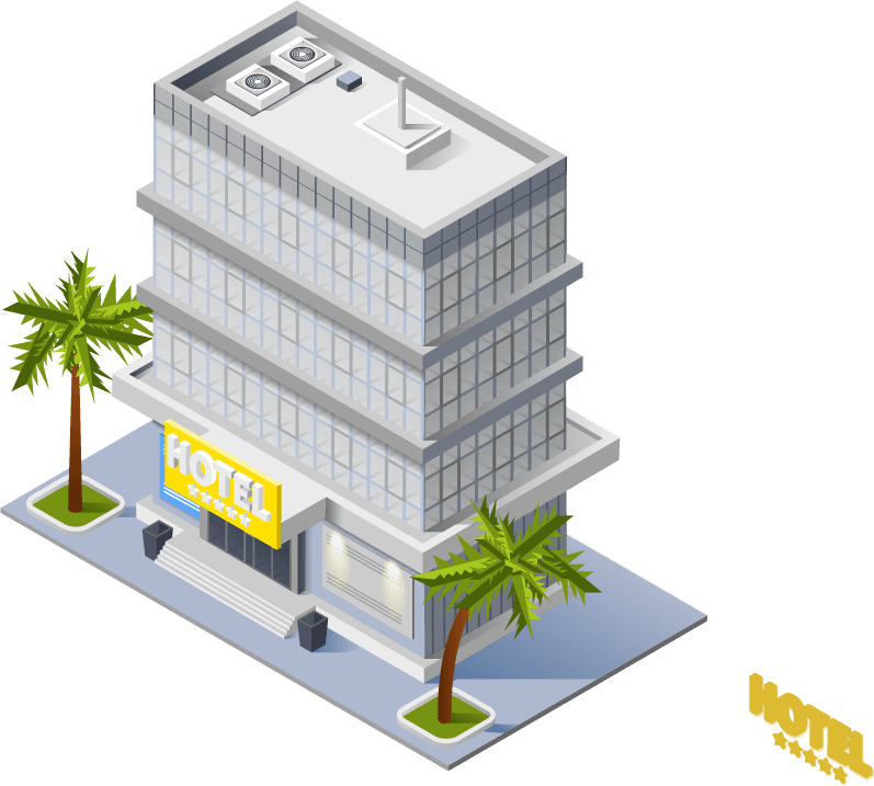 luxury hotel buildings isometric icons showcasing modern architecture and tropical landscaping