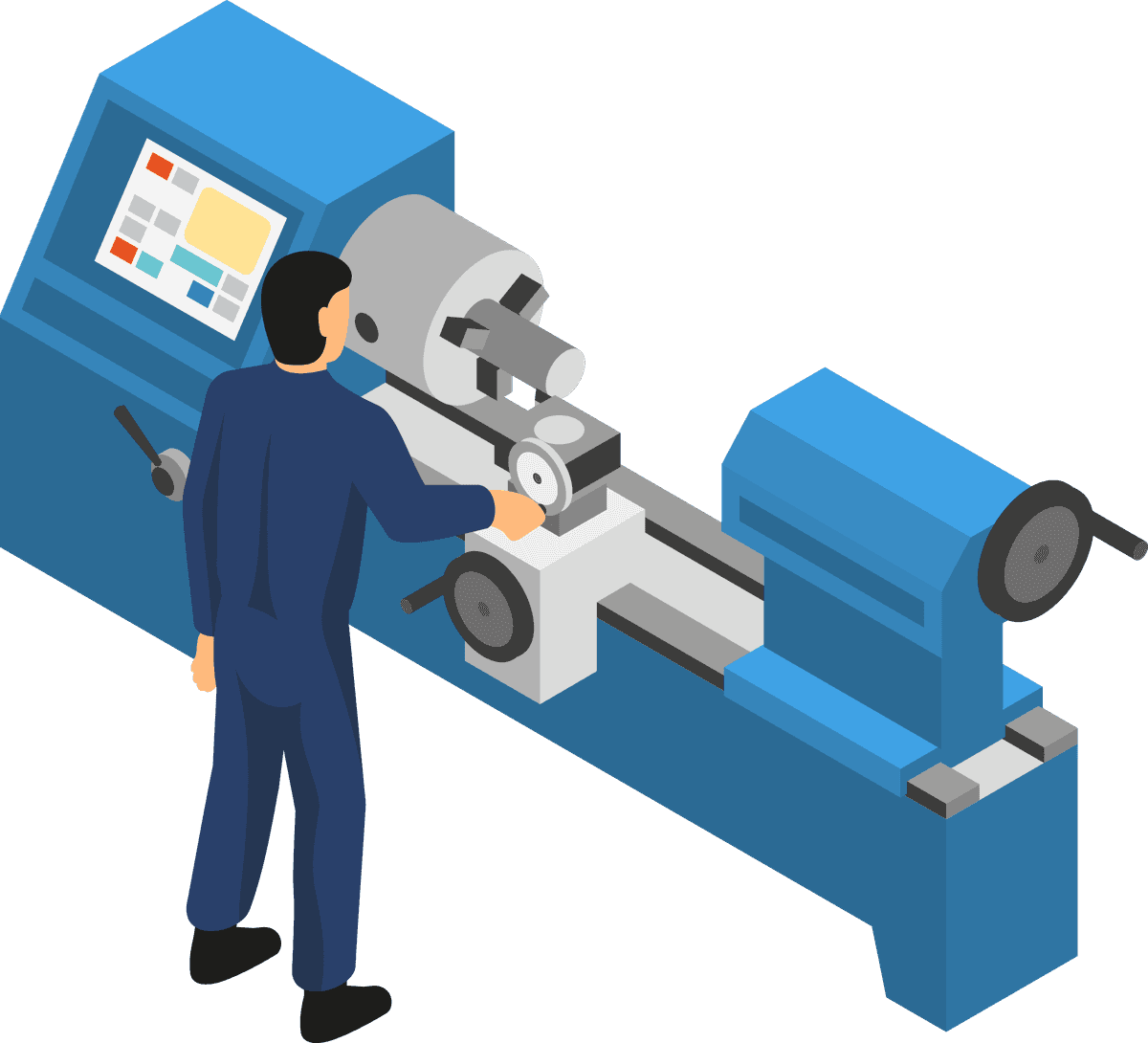 machine tools with workers isometric illustration for precision manufacturing and industrial settings