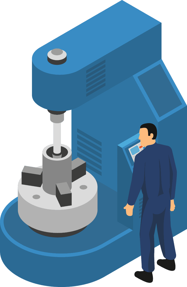 machine tools with workers isometric illustration showcasing precision technology for industrial applications
