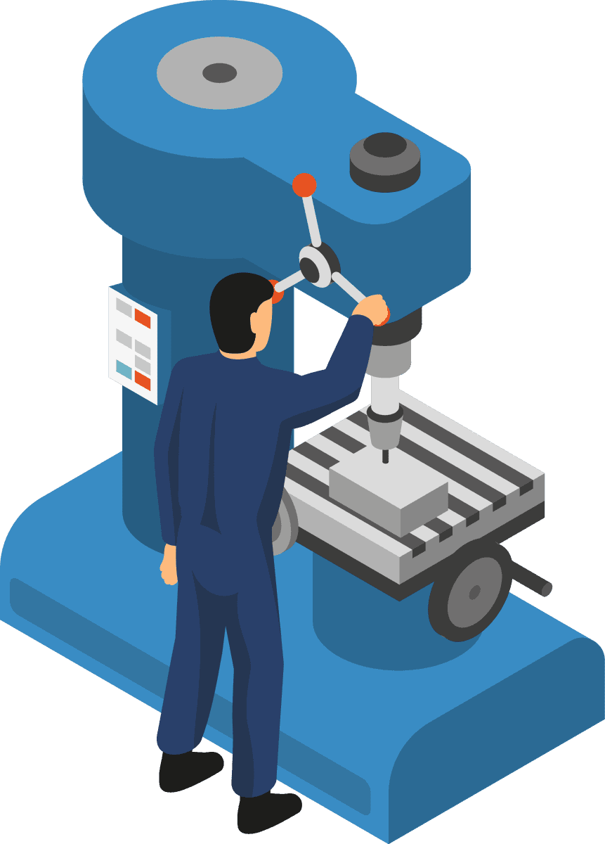 machine tools with workers isometric view showcasing precision engineering in a workshop setting