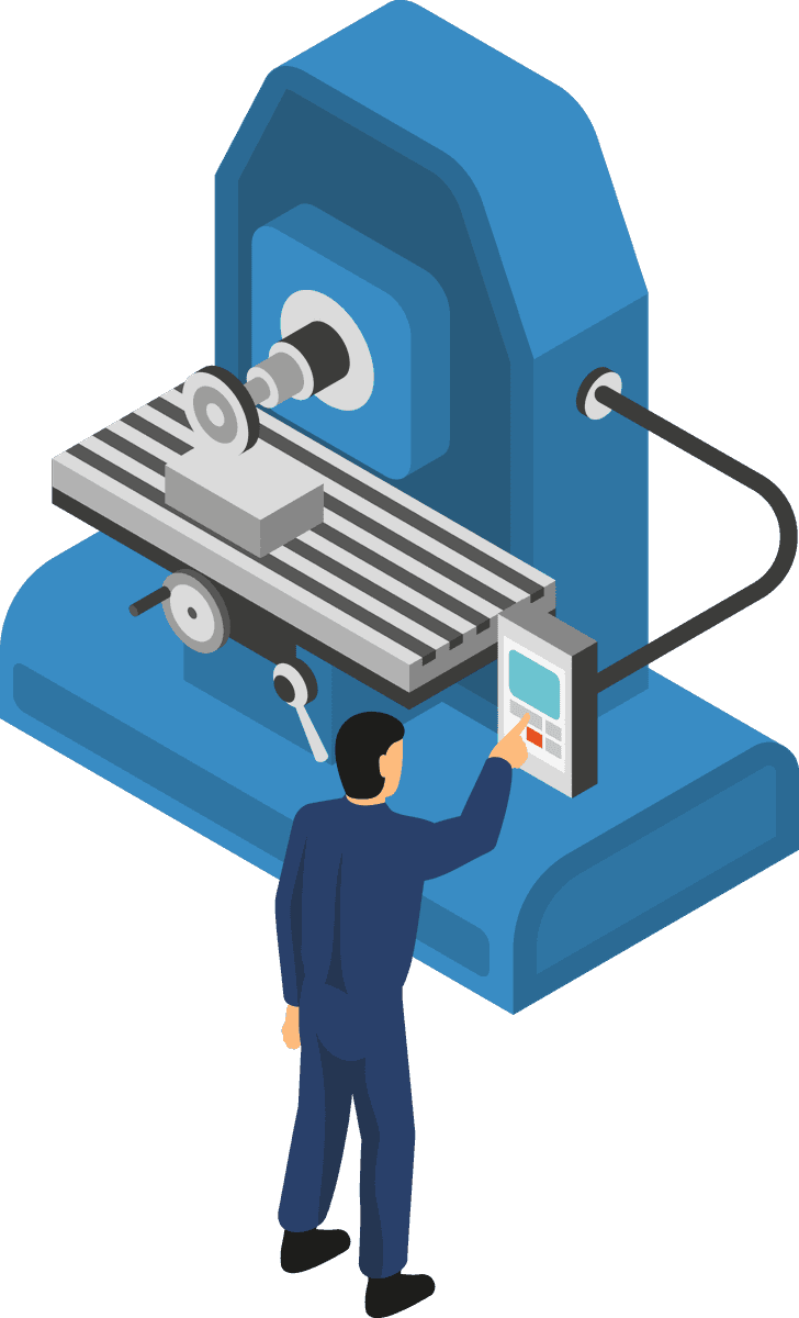 machine tools with workers isometric illustration of automated milling processes in industry