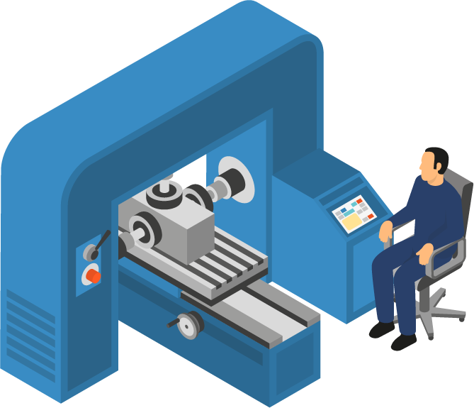 machine tools with workers isometric illustration showcasing precision manufacturing operations and safety features