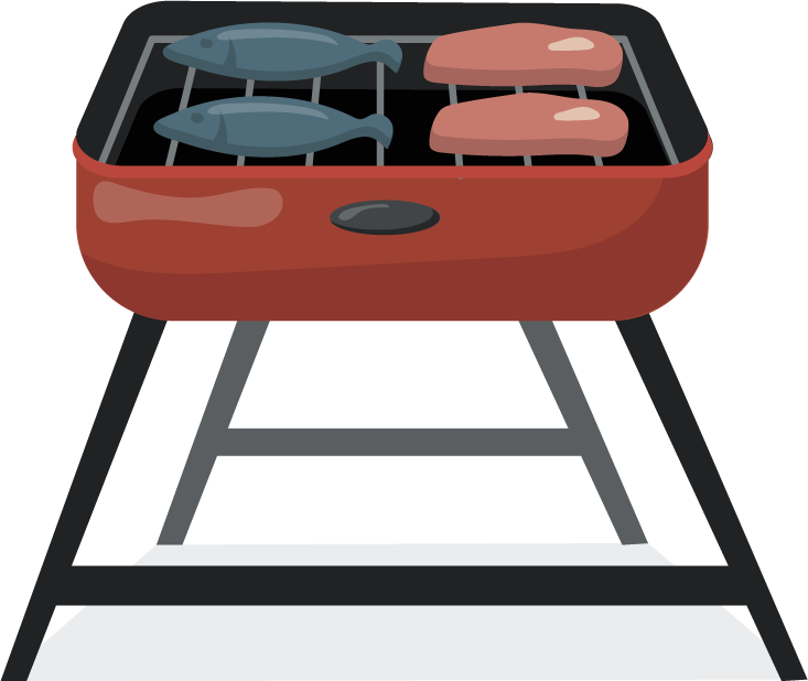 many barbecue grills flat with cooked chicken and fish on a modern grill setup