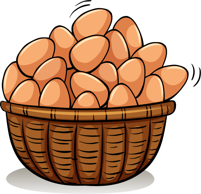 cute chicken cartoon illustration with a basket full of eggs for playful designs