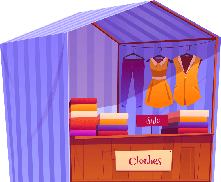 market stalls fair booths wooden kiosk with striped awning clothes bakery food products