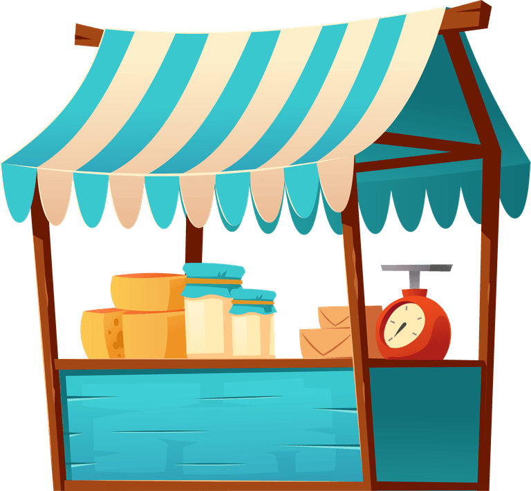 market stalls fair booths wooden kiosk with striped awning food products