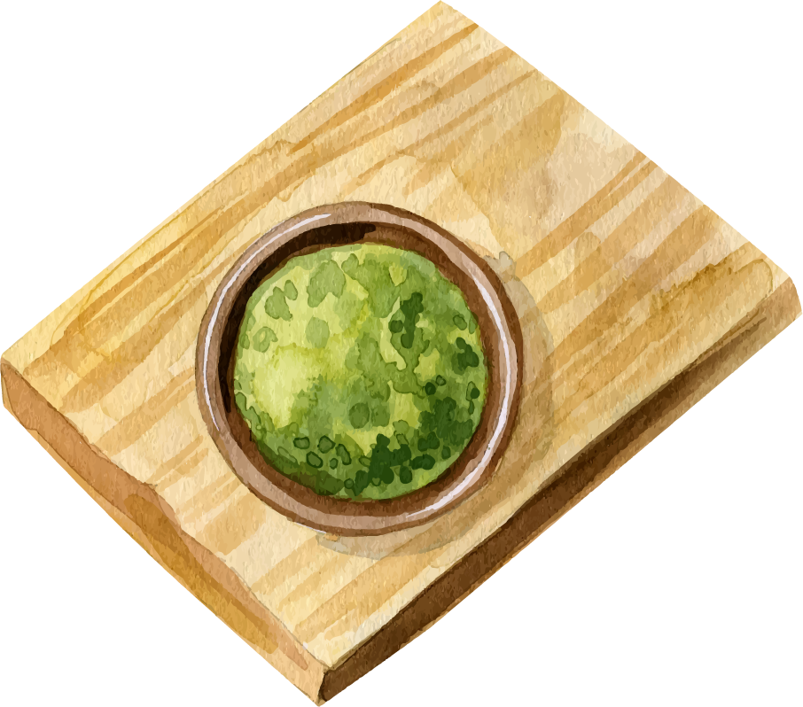 matcha tea hand drawn background with a rustic wooden tray and vibrant color splash