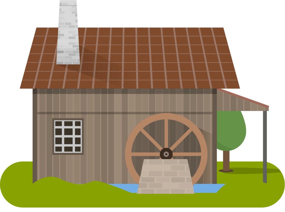 medieval ancient house illustration featuring a water wheel and rustic charm for storytelling