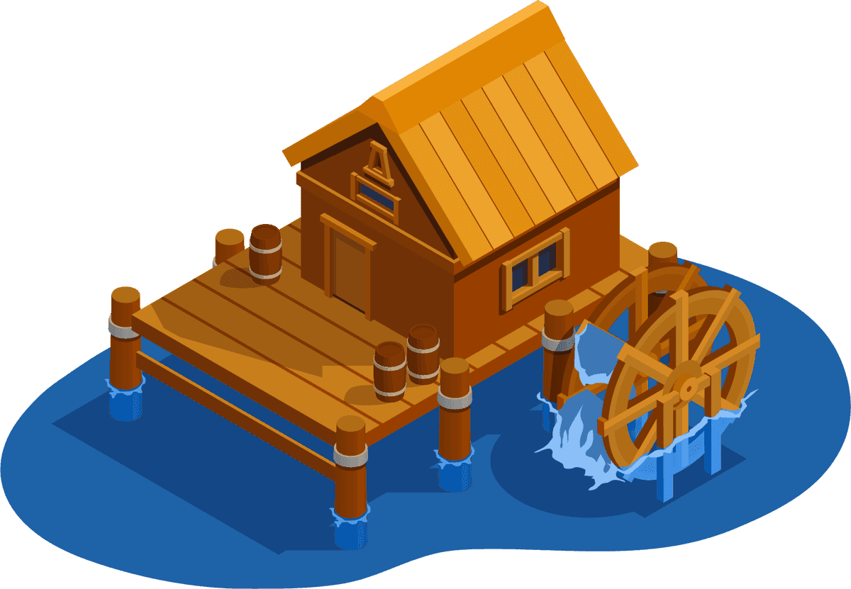 isolated isometric medieval buildings illustration featuring a rustic watermill on a serene river