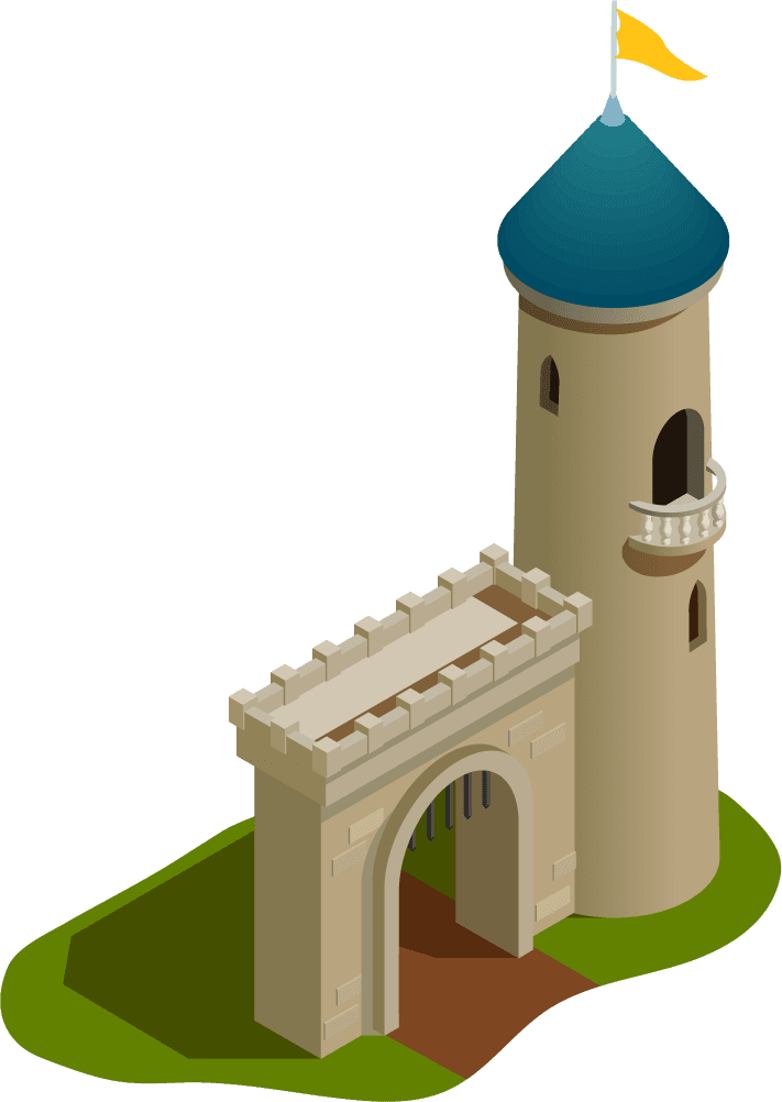 isolated isometric medieval buildings illustration featuring a stone tower and gate for creative projects