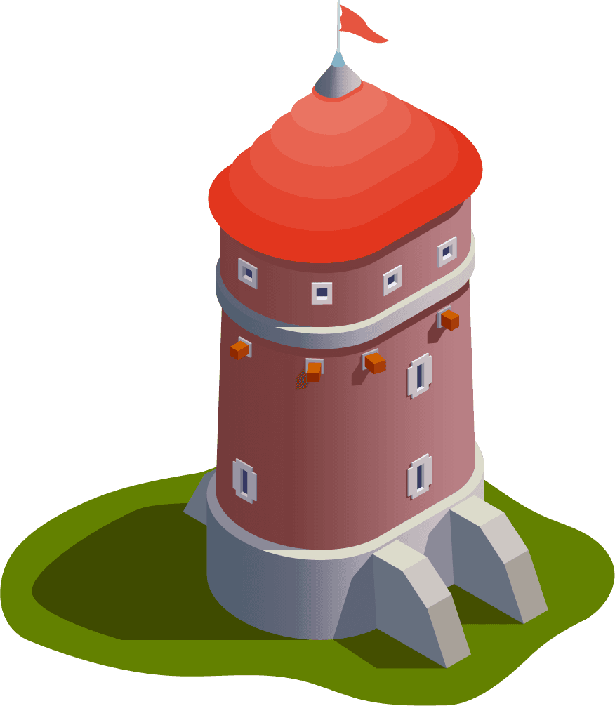isolated isometric medieval buildings illustration featuring a unique tower with a stylish red roof
