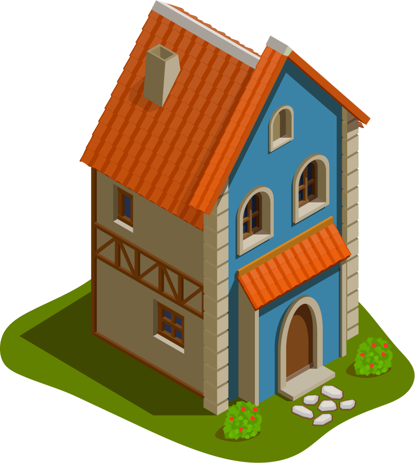 isolated isometric medieval buildings illustration