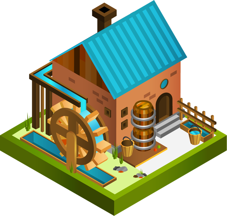 medieval buildings isometric collection featuring a watermill with classic architecture and vibrant colors