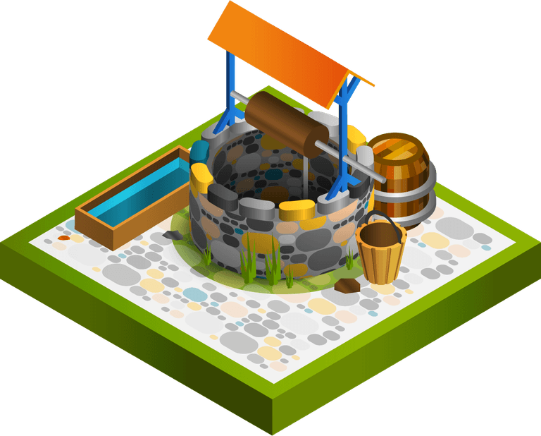 medieval buildings isometric collection featuring a detailed well and surrounding elements