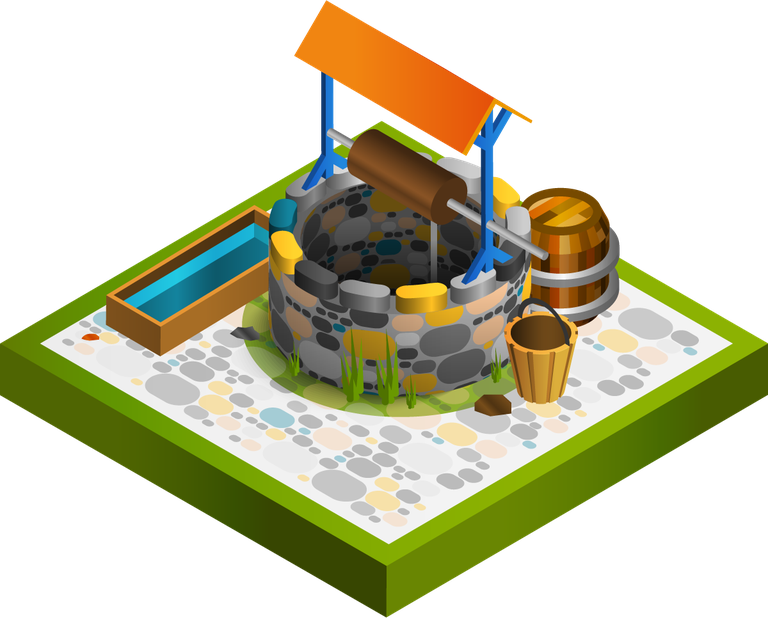 medieval buildings isometric collection featuring a detailed well and surrounding elements