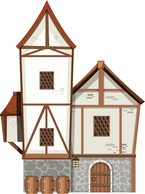 medieval characters buildings set for games and storytelling with charming features