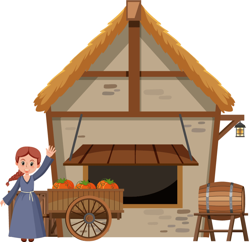 medieval characters buildings set featuring a charming market scene with a friendly merchant