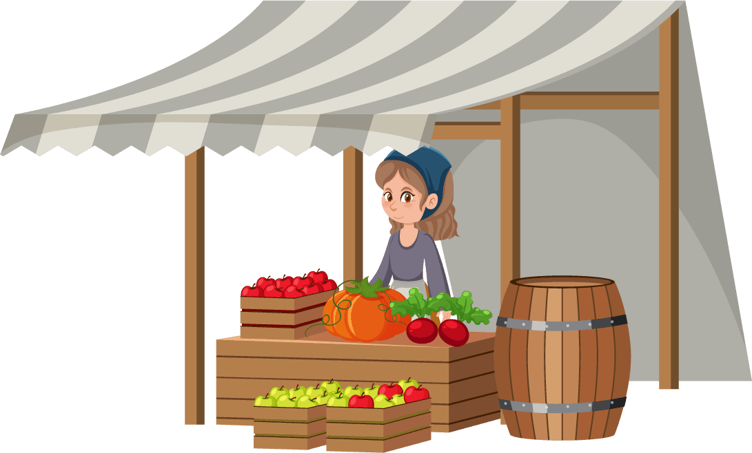 medieval characters buildings set with a charming marketplace and vendor showcasing fresh produce