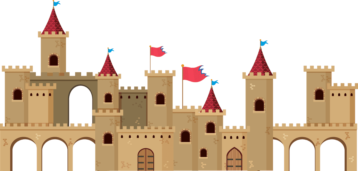 medieval characters buildings set with colorful castles and charming architecture for fantasy themes