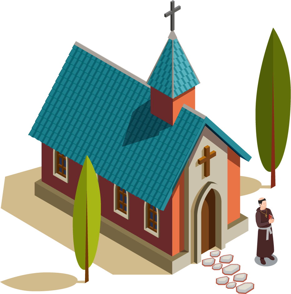 medieval settlements isometric concept featuring a charming church with lush greenery