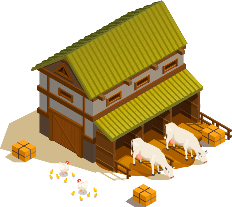 medieval settlements isometric concept featuring a barn with livestock and farm elements