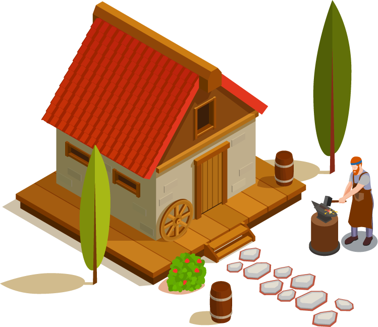 medieval settlements isometric concept with charming cottage and blacksmith at work