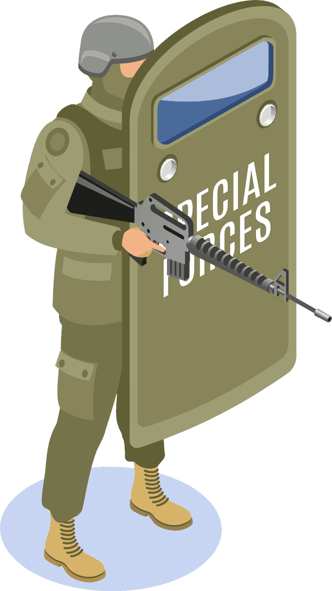 military special forces element character with shield and weapon for combat scenarios