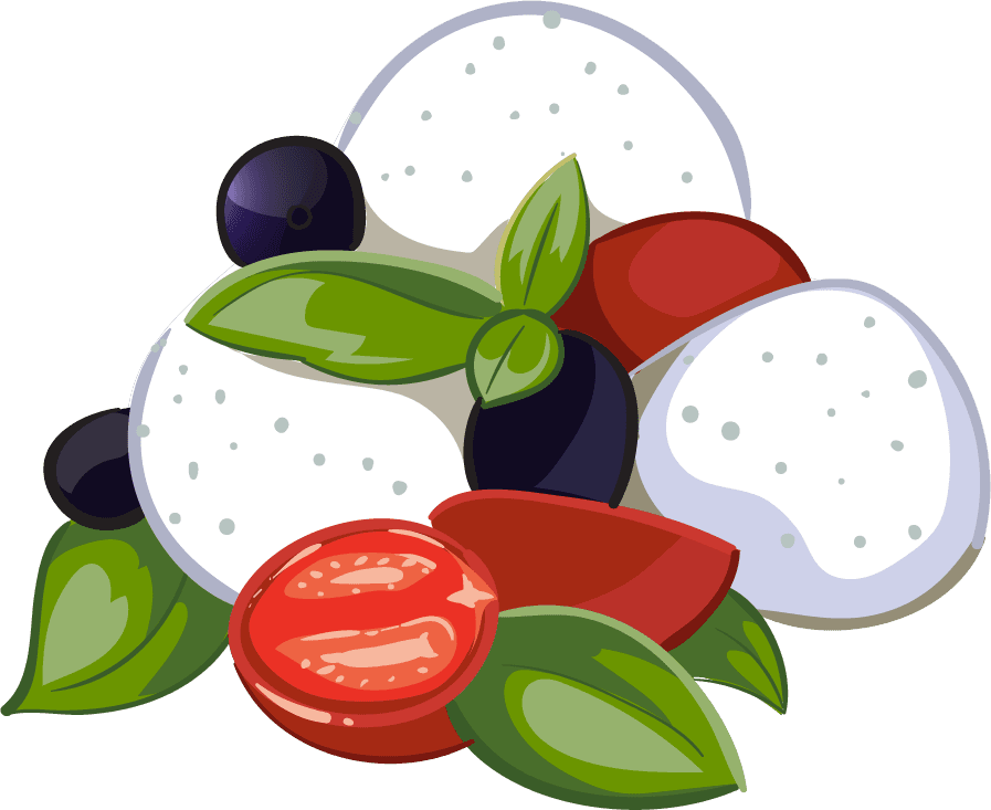 milk cheese icons set featuring fresh mozzarella, tomatoes, and olives for culinary creativity