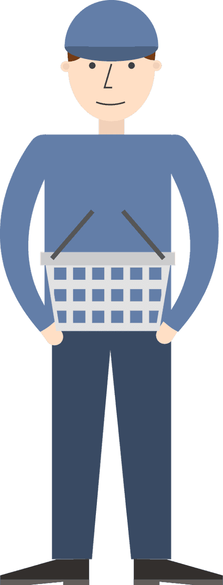 minimal flat delivery shipping icon featuring a courier with a shopping basket